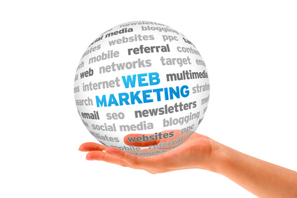 graphic of a woman holding an orb with the word 'web marketing'