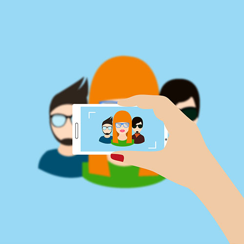 Illustration of three people getting picture taken on mobile phone