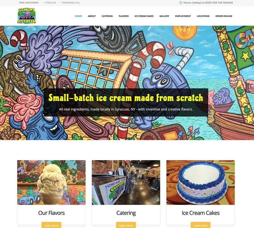 Screenshot of Gannon's Ice Cream website homepage