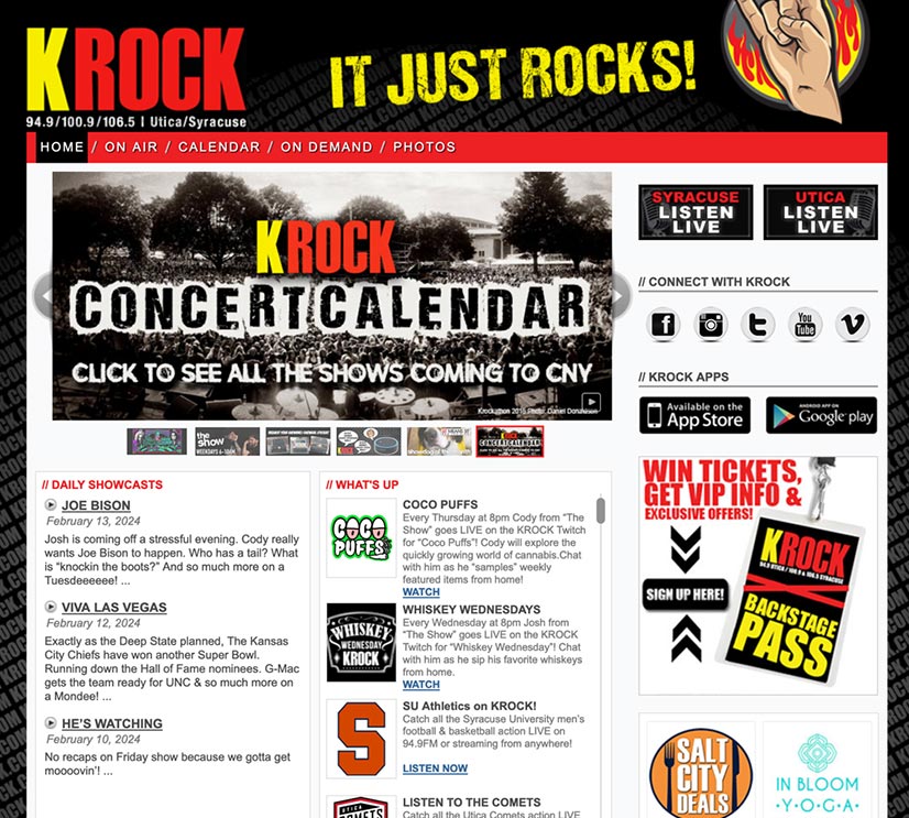 Screenshot of KROCK website homepage