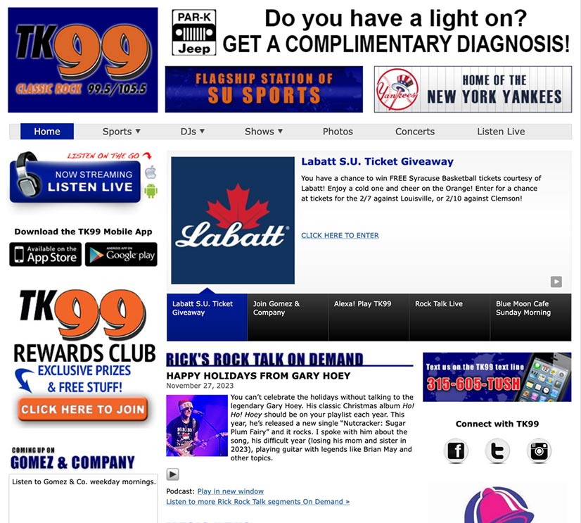 Screenshot of TK99 website homepage